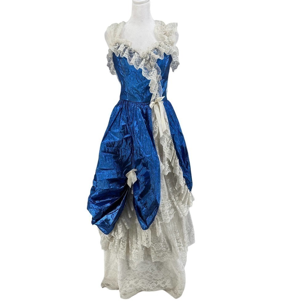 Loralie Vintage 80s Blue Lame & Lace Party Prom Dress Asymmetrical Womens Size ?